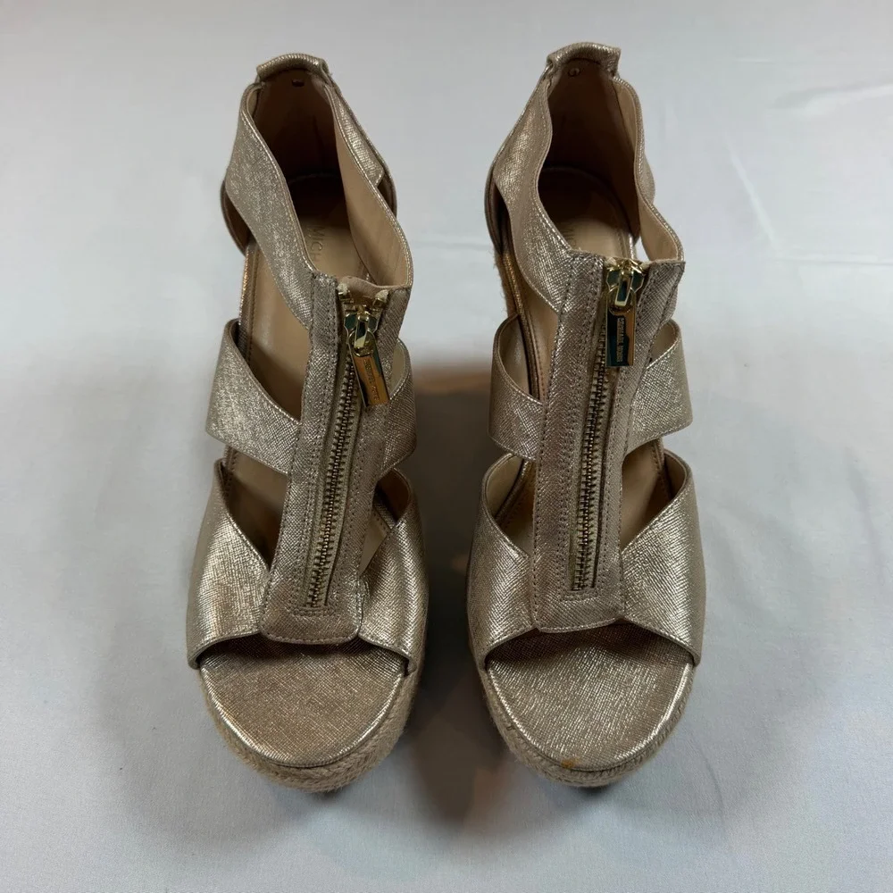 Michael Kors Gold Danita Metallic Leather Front Zip Espadrille Wedge Sandals 10M